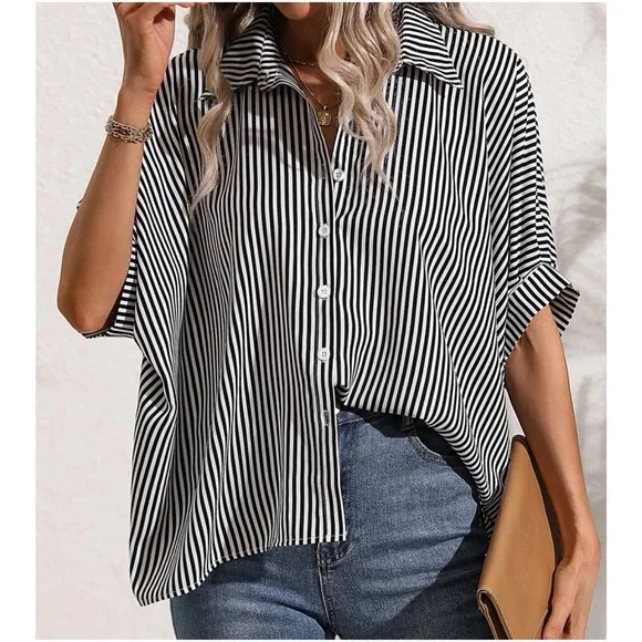 011 Stripes Button Down Boyfriend oversized Shirt - Picture 8 of 10